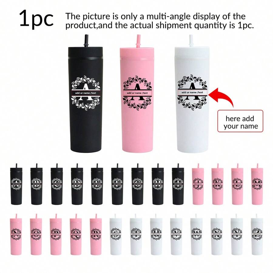 1pc Customized Name Initials A-Z Printed 16oz Plastic Water Bottle, 3 Color Options, Customized Name Tumbler Cup For Beverages, Flat Bottom Milk/Coffee Mug, Travel Accessory, Festival/Wedding Party Gift