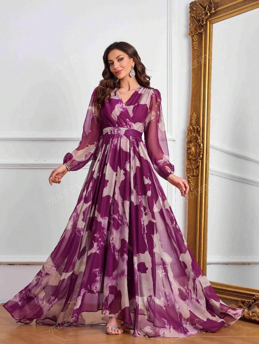Women's V-Neck Crossed Wrap Elegant Long Sleeve Random Printed Dress
