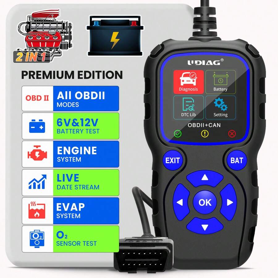 udiag UDIAG CR720 Car Code Reader, OBD2 Car Code Scanner Battery Voltage Tester Engine Fault Code Scan Tool, EOBD+CAN Charging Tester Check Engine Light Diagnostic Tool For OBDII/EOBD Protocol Cars