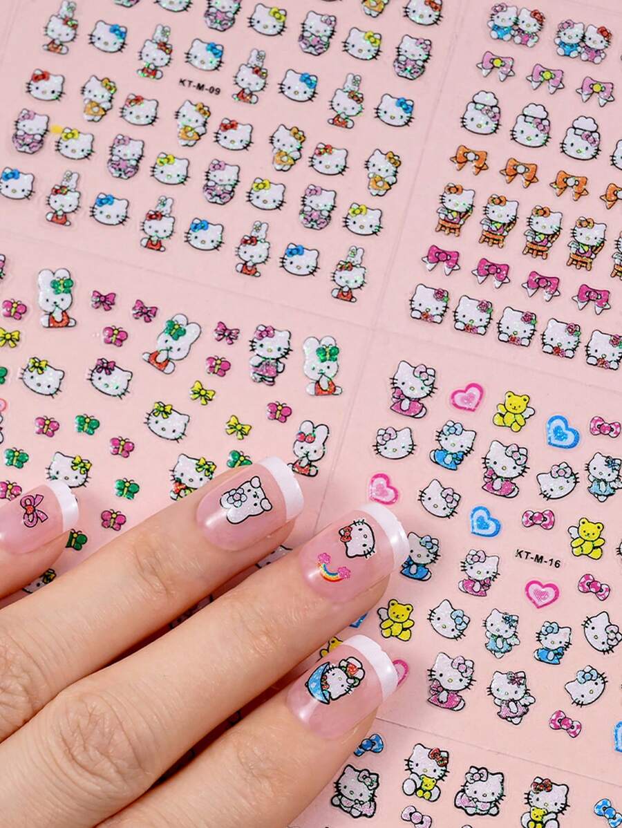 Sanrio 5 hojas de calcomanías de uñas con diseños aleatorios de Hello Kitty, pegatinas 3D de gato Kitty Sanrio, calcomanías de uñas de dibujos animados lindas, decoraciones de arte de uñas para mujeres y niñas (algunas partes pueden ser uñas aleatorias)