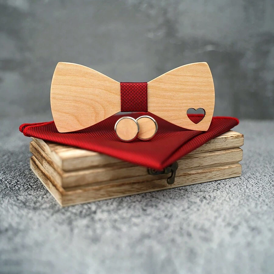 Handcrafted Maple Wooden Bowknot Gift Set - Includes Cufflinks Pocket Square & Gift Box, Perfect For Christmas Gifts, Halloween Decorations, New Year Presents, Weddings, And Party Accessories For Men