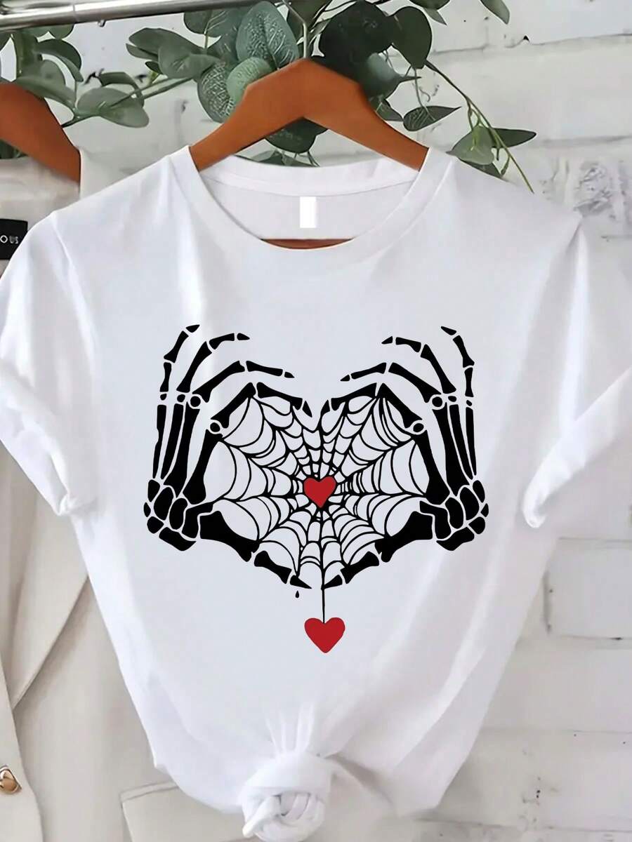 Women's Skull Spider Web Print T-Shirt, Summer Casual, Fashionable, Comfortable, Soft, Everyday Outdoor Sports Fitness, Breathable Crew Neck Short Sleeve T-Shirt