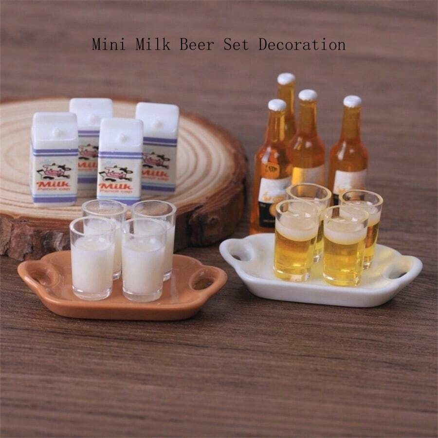Mini Milk Cup, Milk Carton, Beer Cup, Beer Bottle, Realistic Miniature Dollhouse Decor, DIY Resin Craft Accessories, Pretend Play Home Ornaments, Home Decor
