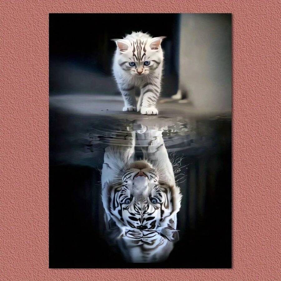 1 Pc Reflection Of A Tiger And A Cat Poster Wooden Framed Canvas Painting Thickness 2.25cm/0.9inch High Quality Wall Art Prints Poster Direct Hanging Wall Picture Decor For Home Gifts, Christmas Gift,Christmas Decoration,Living Room, Bathroom, Bedroom, Kitchen