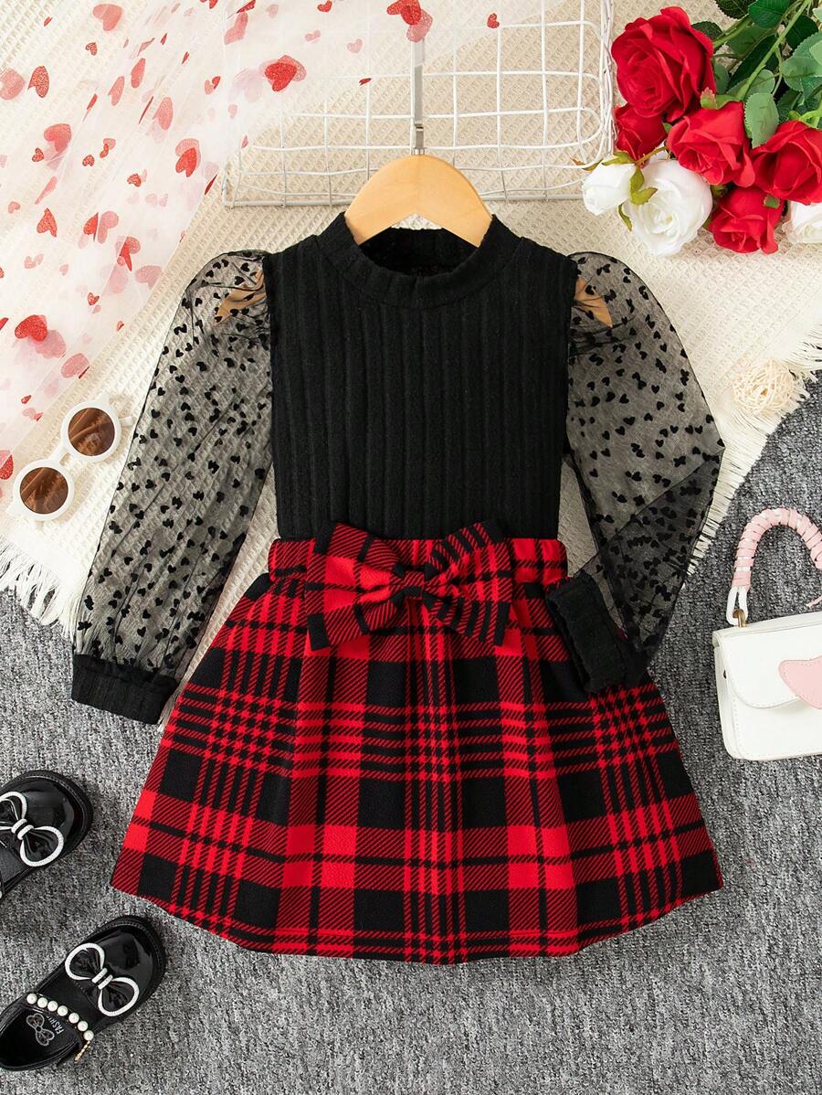 Girls Solid Color Panel Heart Net Mesh Long Sleeve Top + Bowknot Plaid Skirt Set