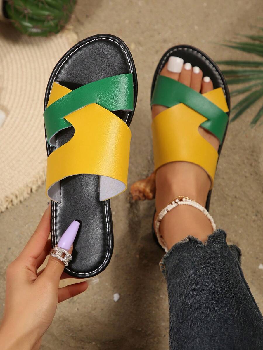 Women's Outdoor Sports Fashion Color Block Flat Slides, Comfortable Round Toe Low Heel Indoor/Outdoor Beach Slippers