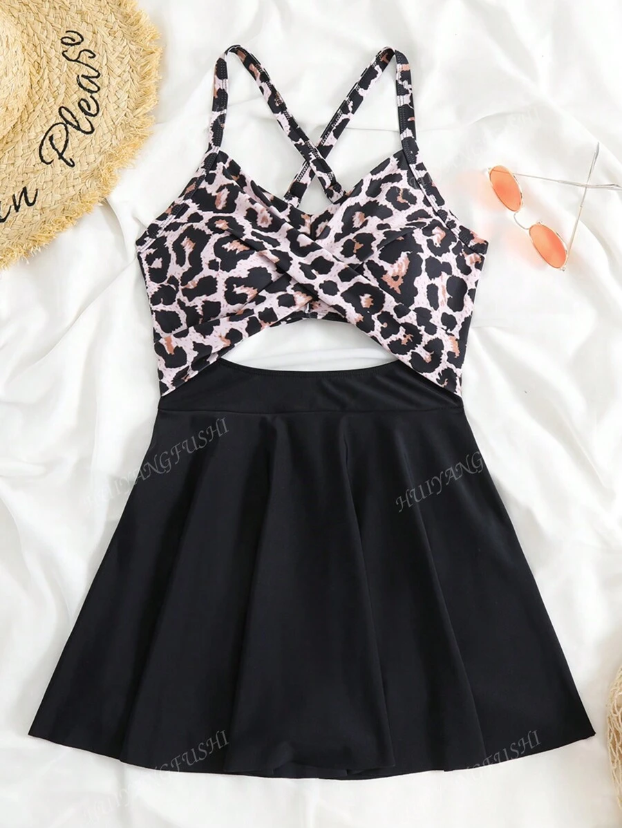 Sexy Criss-Cross Strap Hollow Floral Print Patchwork Slimming One-Piece Swimsuit, For Summer Beach Vacation