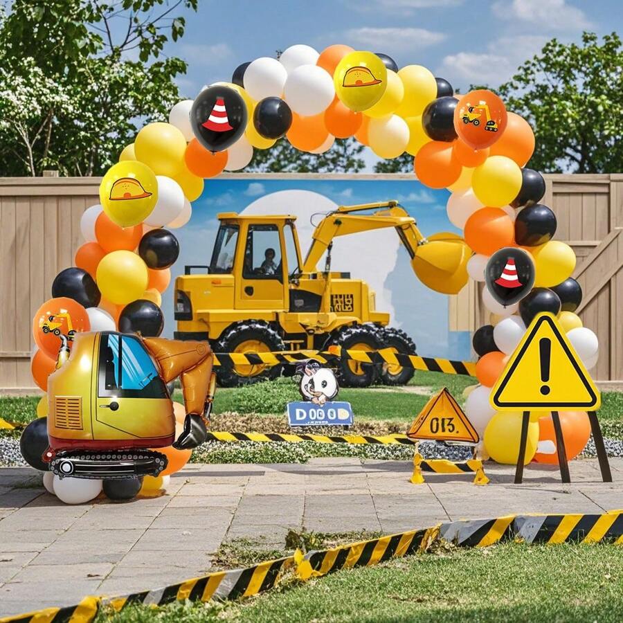 Set de 147 piezas de kit de arco de globos de fiesta de excavadora de ingeniería, globos de látex, globos impresos con elementos de ingeniería negros, naranjas y amarillos, globos de aluminio de excavadora, adecuados para cumpleaños, despedidas de soltero y regalos para adultos