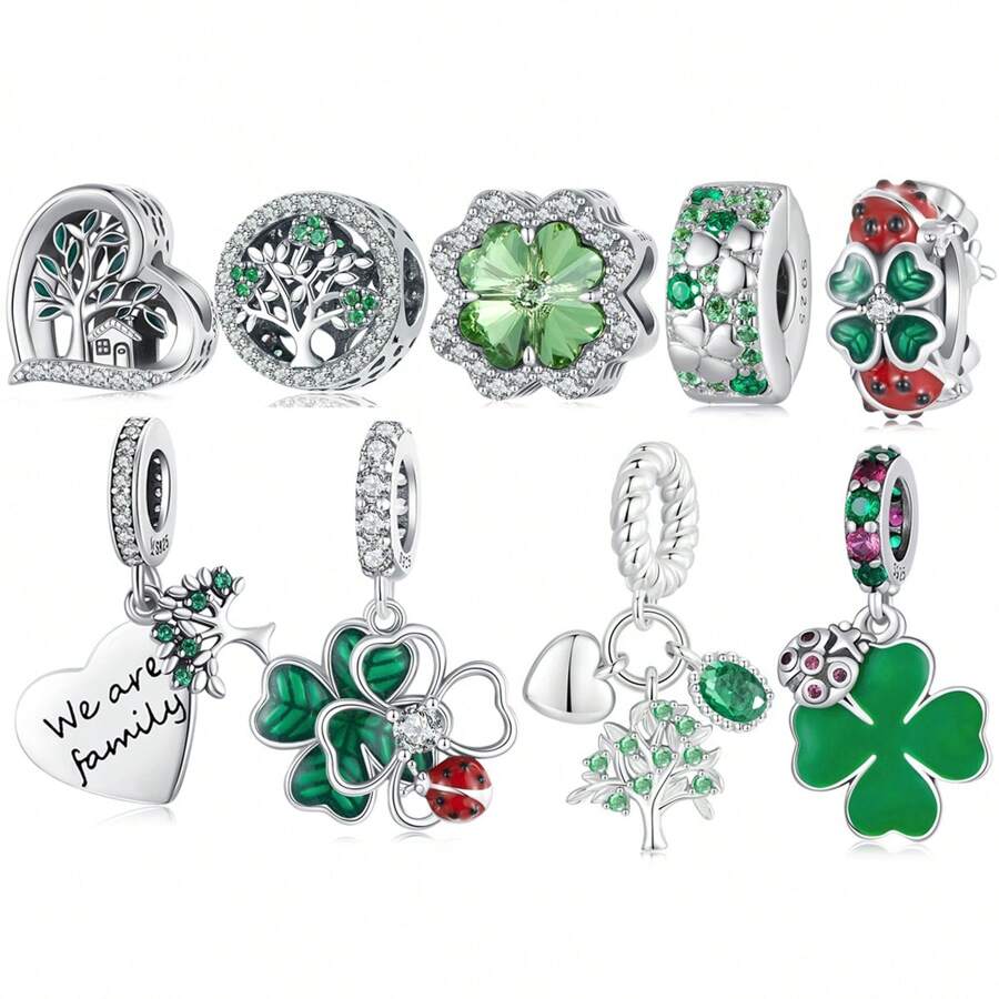 bamoer 1 pièce Pendentif Charm Arbre de Vie Argent Sterling 925 Vert avec Trèfle à Quatre Feuilles Chanceux et Perles Zirconia, Compatible avec Bracelet et Collier Originaux, Cadeau de Bijouterie DIY