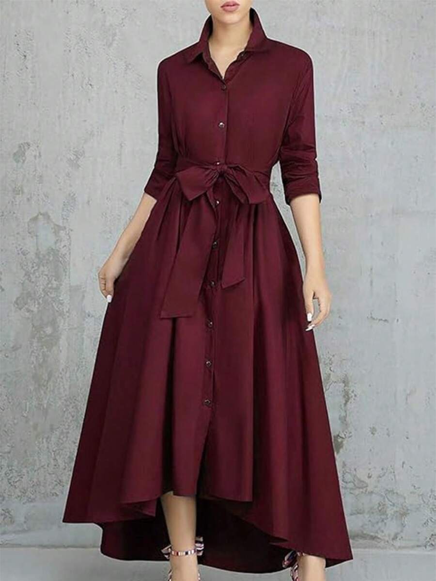 Women's Solid Color Single-Breasted Casual Shirt Waist A-Line Dress, New Autumn/Winter Collection