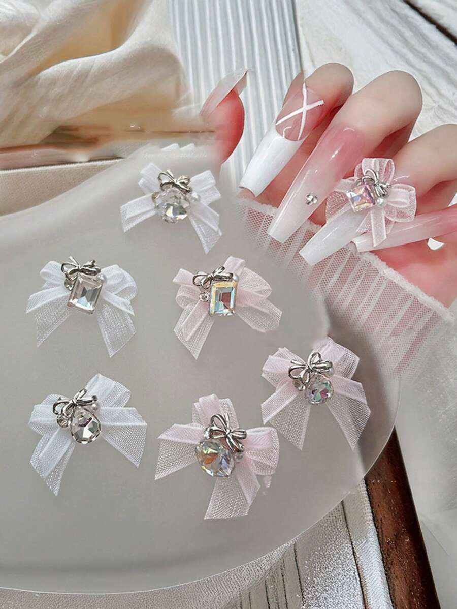 QPRETTY DU 5 piezas de adorno de uñas con doble lazo de cristal, gota cuadrada gruesa blanca y rosa, con terminado de malla doble y perforación
