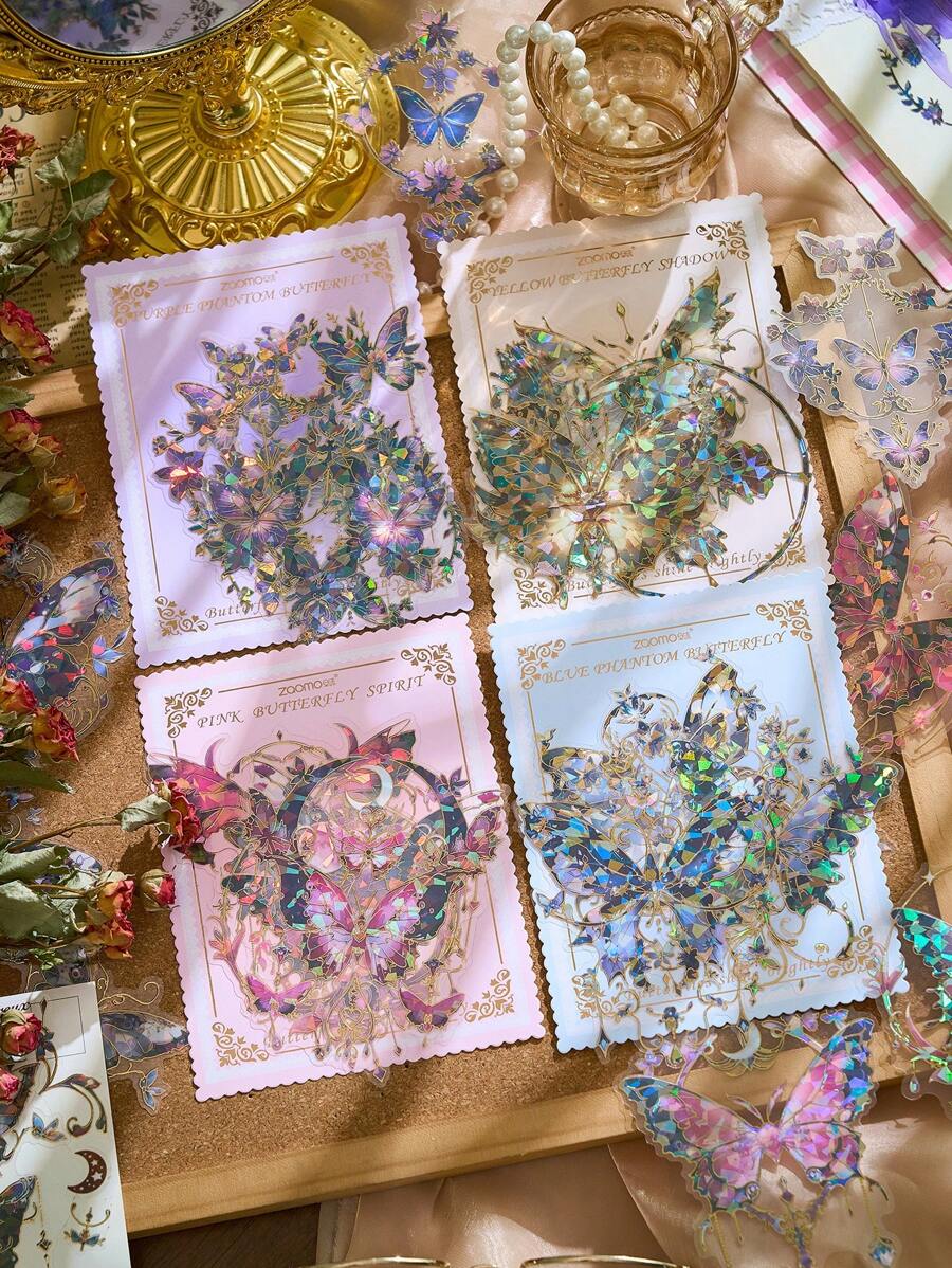1 paquete de pegatinas holográficas con diseño de mariposa, estilo europeo y americano soñador con patrón de conchas, decoración láser DIY, pegatinas impermeables para portátil, computadora, botella de agua