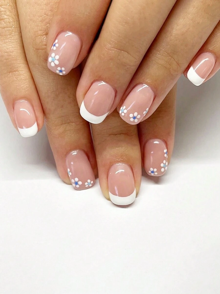 24pcs Short Square French Fake Nails, Glossy Short Square Nails Floral Minimalist European And American Style For Fair Skin Tones, Full Coverage Removable Manicure Set For Party, Dance, Daily Wear Press On Nails
