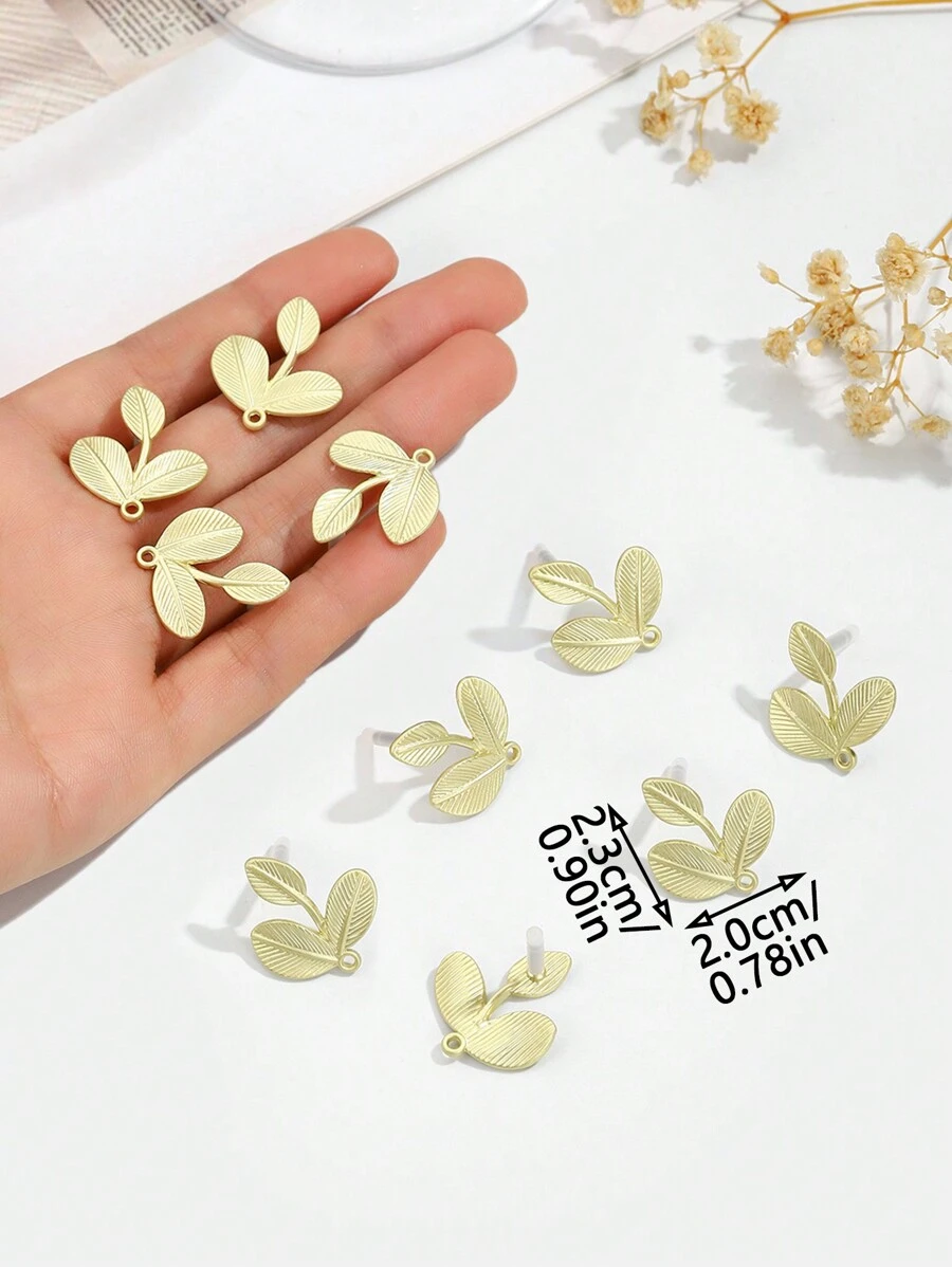 8 piezas Pendientes de botón con diseño geométrico de hoja chapado en oro, accesorios de joyería DIY, piezas geométricas electrolíticas de al por mayor