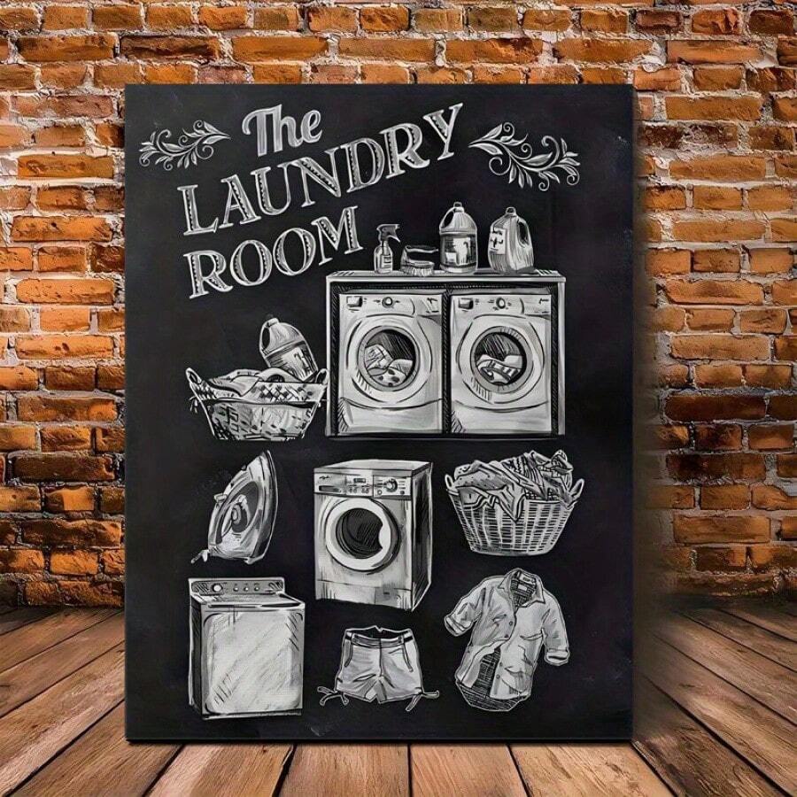 1pc Laundry Room Themed Wall Art - Canvas Painting With Wooden Frame - Versatile Home Decor For Bathroom, Kitchen, Dorm - Ideal For , Halloween, Birthday, Graduation, Back-To-School Gifts