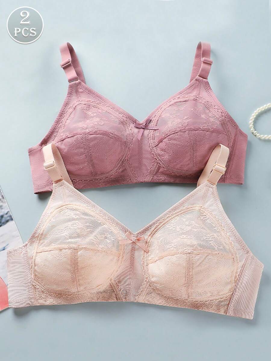 2 peças Sutiã sem Arame com Cobertura Total em Renda, Confortável e Sem Costura para Mulheres, Sensual, com Elevação e Realce, Respirável