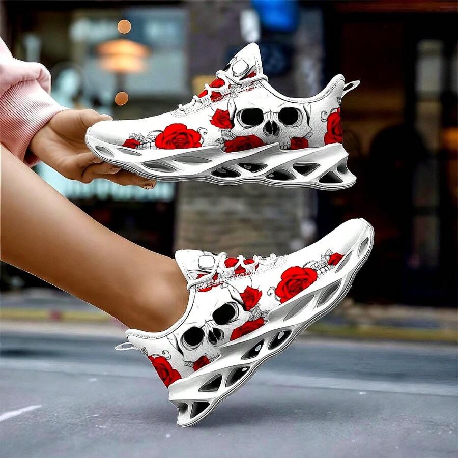 Plus Size Women's Casual Lightweight Breathable Road Running Sneakers With Skull & Rose Graphic
