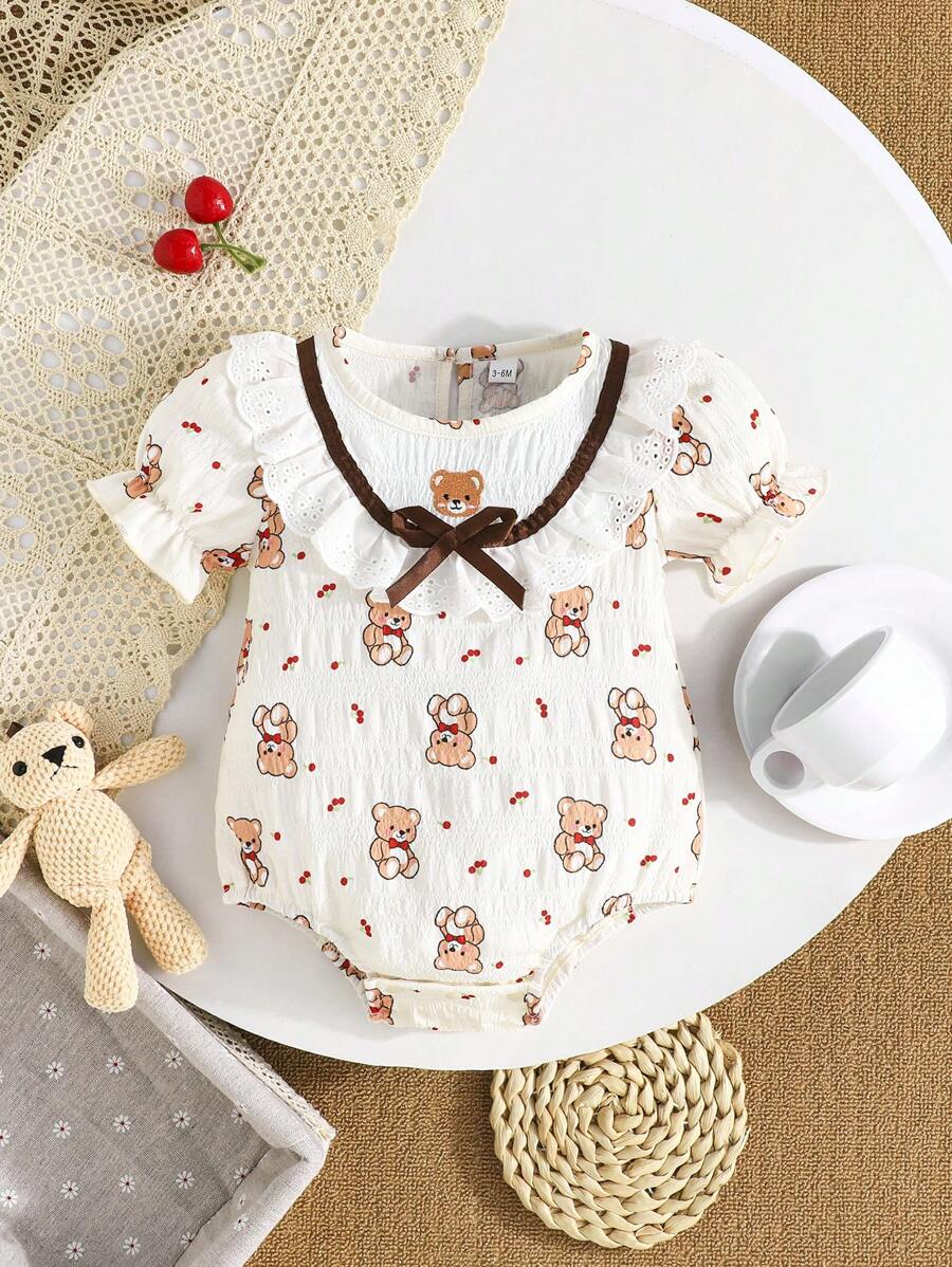 Babymeisje Baby Beer Bedrukt Korte Mouw Snap On Wikkel Rond Driehoek Romper Met Vlinder Ruffle Kraag, Gemakkelijk Aan En Uit