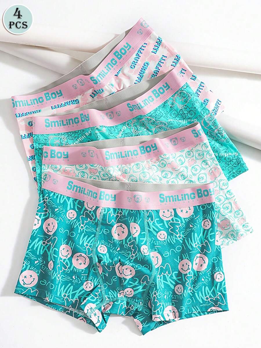 4pcs Men's Sporty Fashion Cartoon Letter Print Soft & Comfortable Boxer Briefs