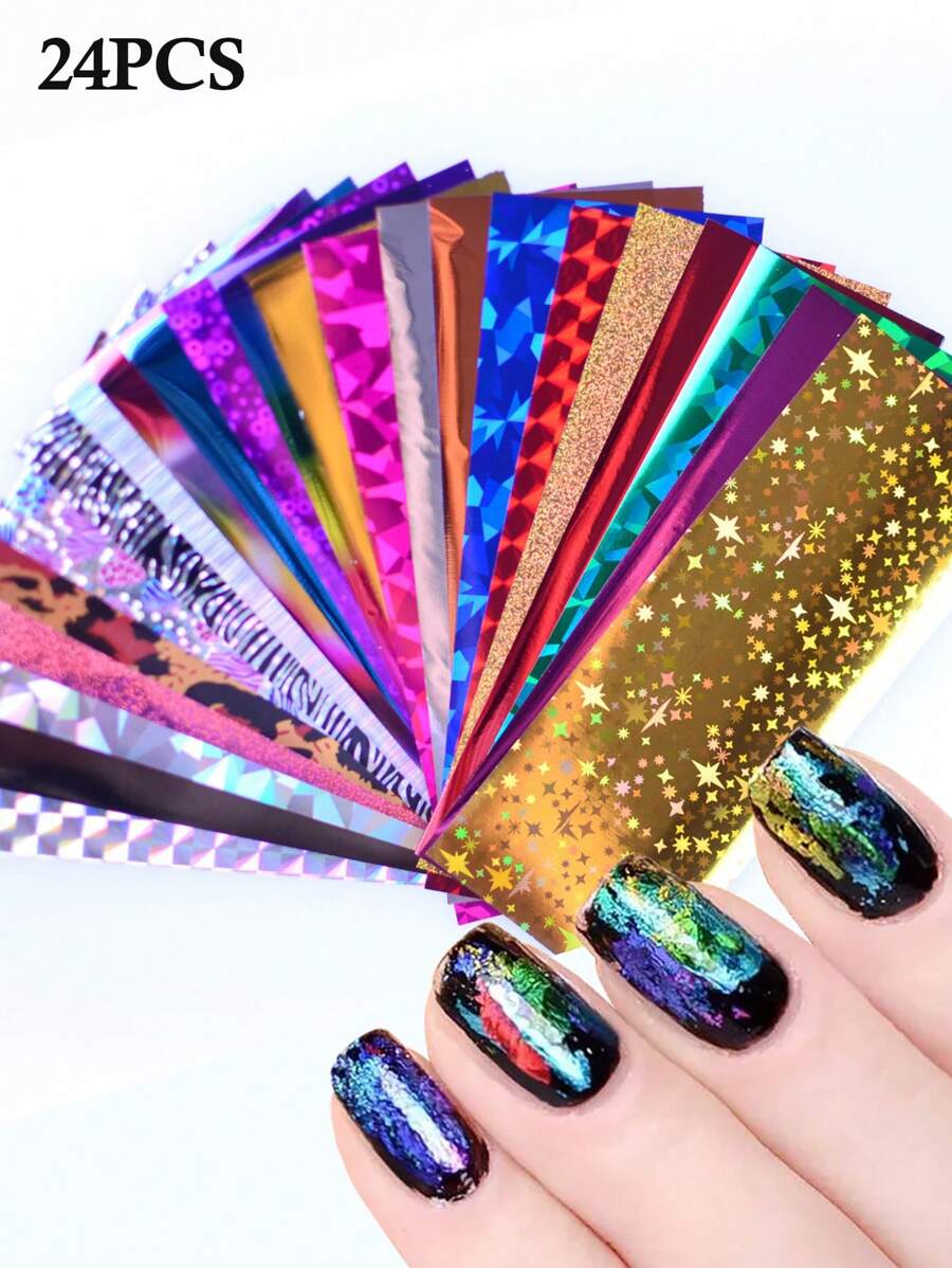 24 couleurs Stickers d'ongles géométriques holographiques en forme de flocons de neige de Noël, décalcomanies d'art pour les ongles avec transfert laser 3D, convient pour les ongles des femmes et des filles