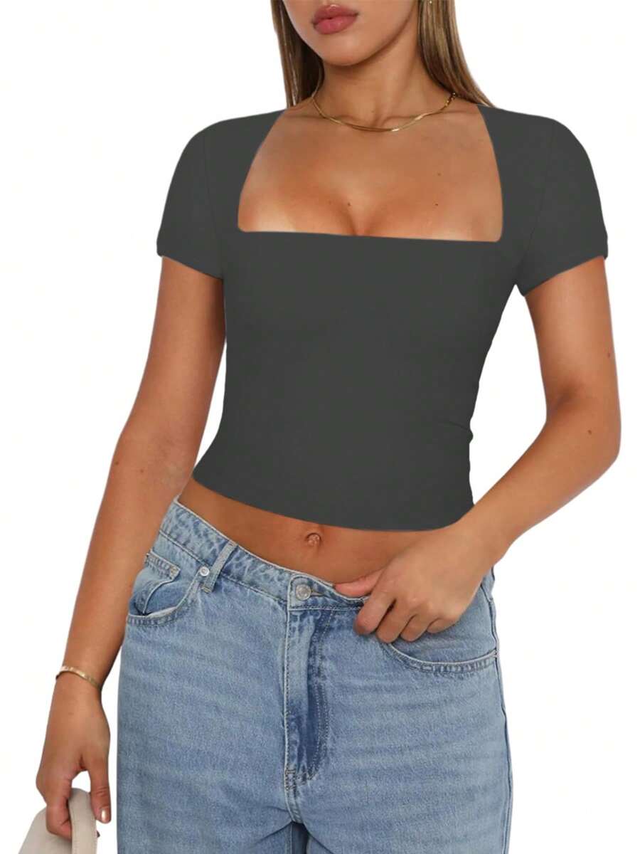Women Short Sleeve Crop Tops Solid Color U-Neck Casual T-Shirts Summer Slim Fit Shirts Streetwear