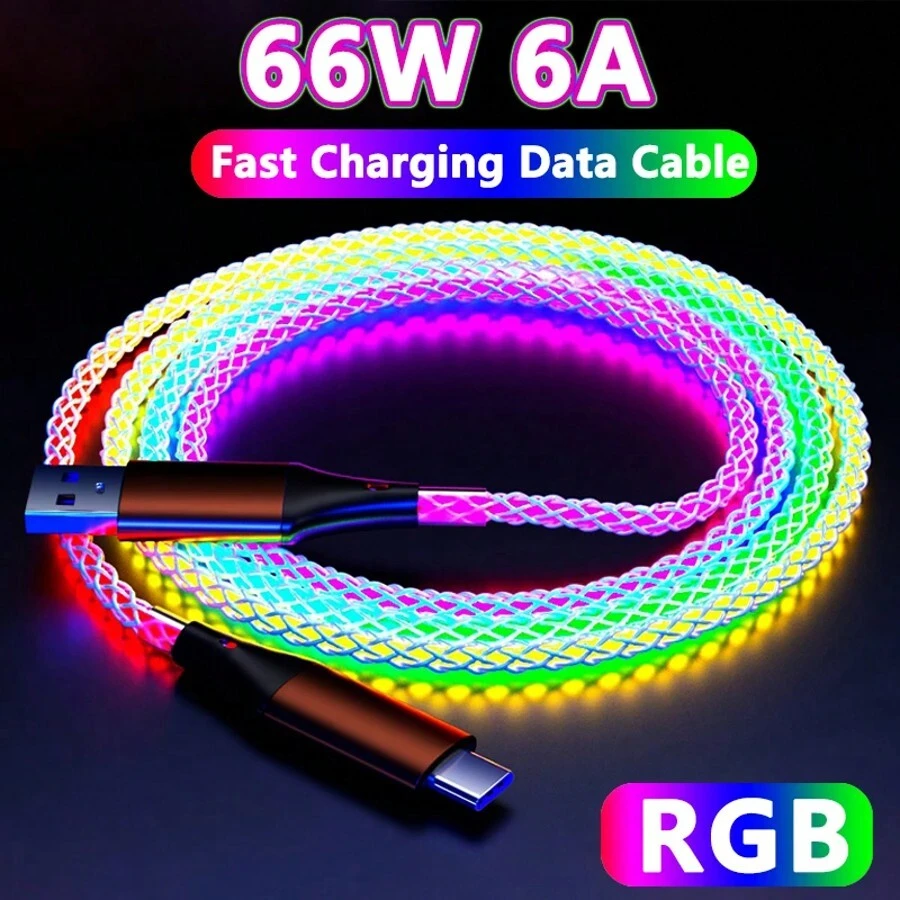 Cable de carga rápida RGB de 6A 66W con luz de respiración, cable de datos USB Tipo C de 66W compatible con carga rápida USB Tipo C de 30W de Samsung