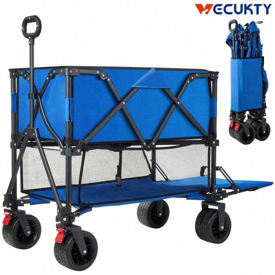 Folding Double Decker Garden Wagon, Heavy Duty Collapsible Camping Wagon Cart With 54" Lower Decker, All-Terrain Big Wheels Support Up To Black