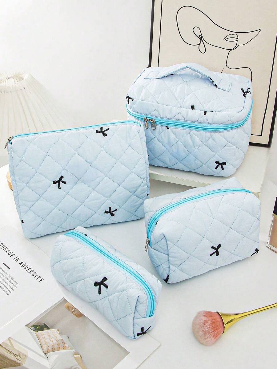1 Pieza Conjunto de bolsa de maquillaje acolchada con moño, bolsa de cosméticos portátil grande y linda de gran capacidad, organizador de artículos de tocador para viajes, bolsa de maquillaje esponjosa de mano, estuche para productos de cuidado de la piel, esencial para cruceros, necesario para dormitorios, regalo para dama de honor de boda, regalo para mamá, regalo de cumpleaños, regalo para amigos, regalo para maestros, decoración del hogar