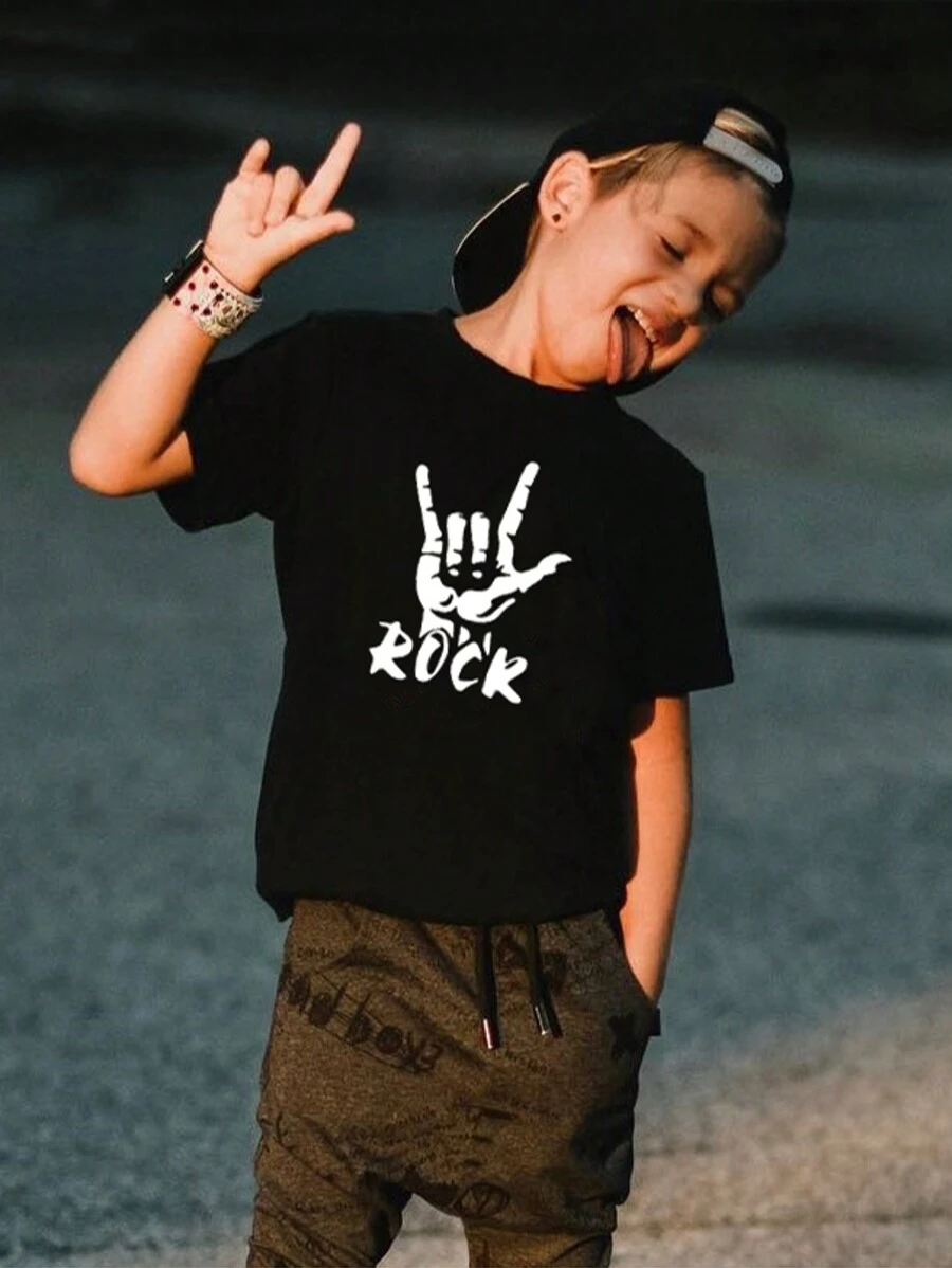 Lulu's wish Camiseta de moda nueva para niños pequeños, camiseta negra de manga corta con estampado de rock para niños