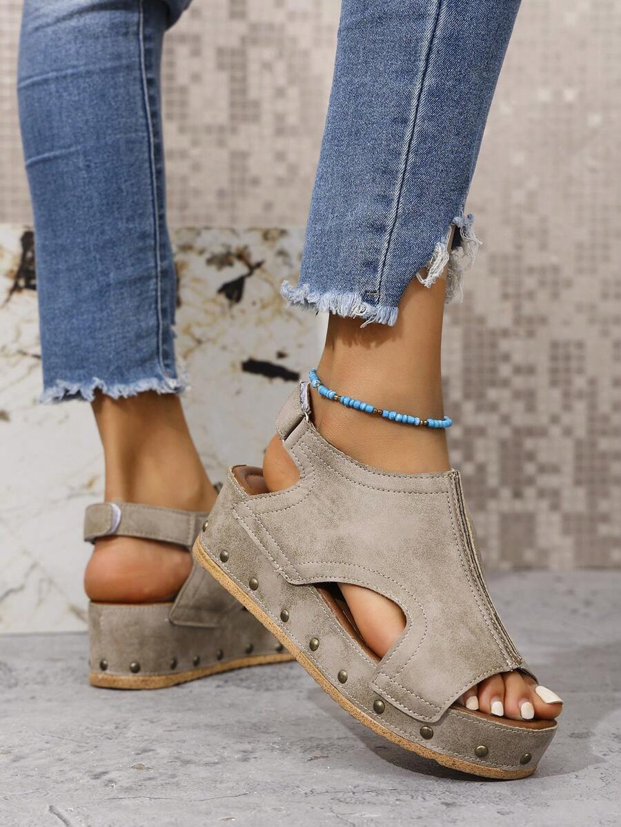 Sandalias de mujer para verano de nuevo diseño, con unicolor, remaches huecos, suela gruesa con cierre de gancho y bucle, diseño versátil y cómodo para uso casual