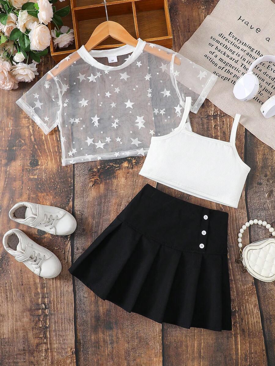 3pcs/Set Fashion Casual Outfit For Girls Aged 8-12, Including Star Pattern Mesh Jacket, Camisole Vest, And Pleated Skirt