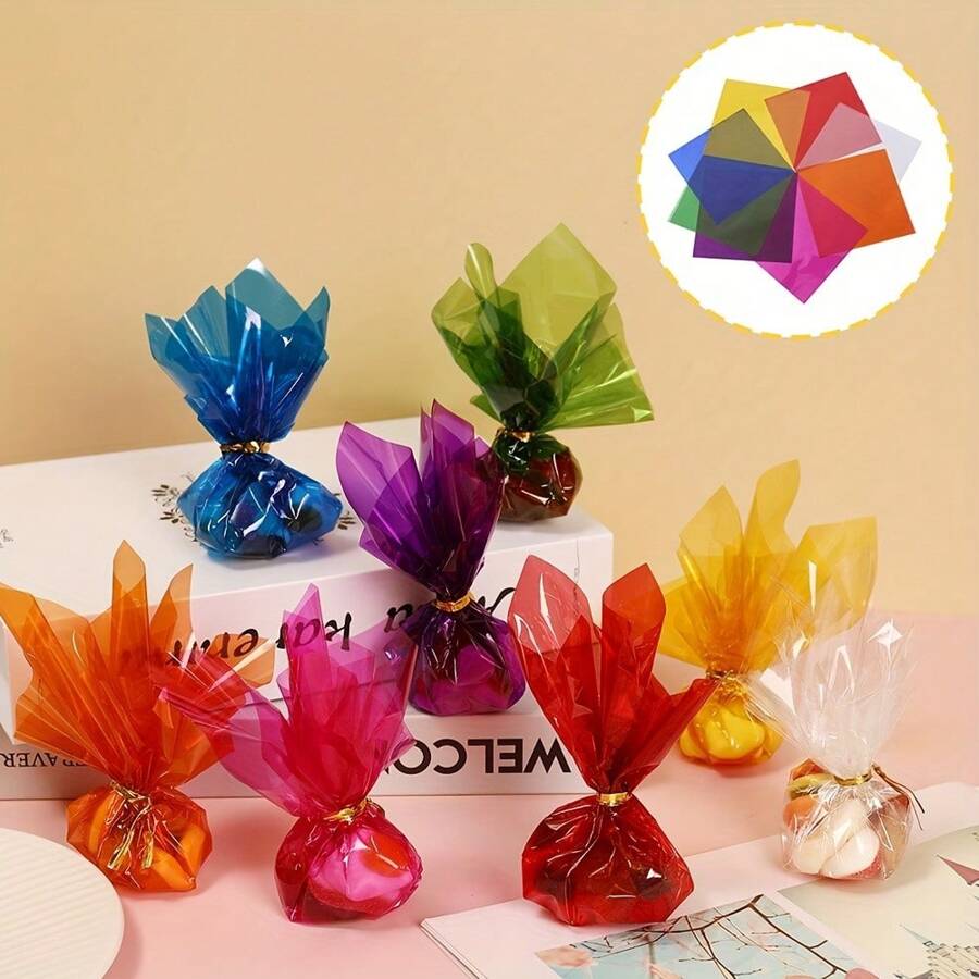80/120/160Pcs Plastic Cellophane Wrap Sheets With Twist Ties, Transparent Colored Wrapping Paper For Candy Treats And Gifts, Valentine's Day New Year Gift Wrapping Paper, Colored Food Wrapping Paper