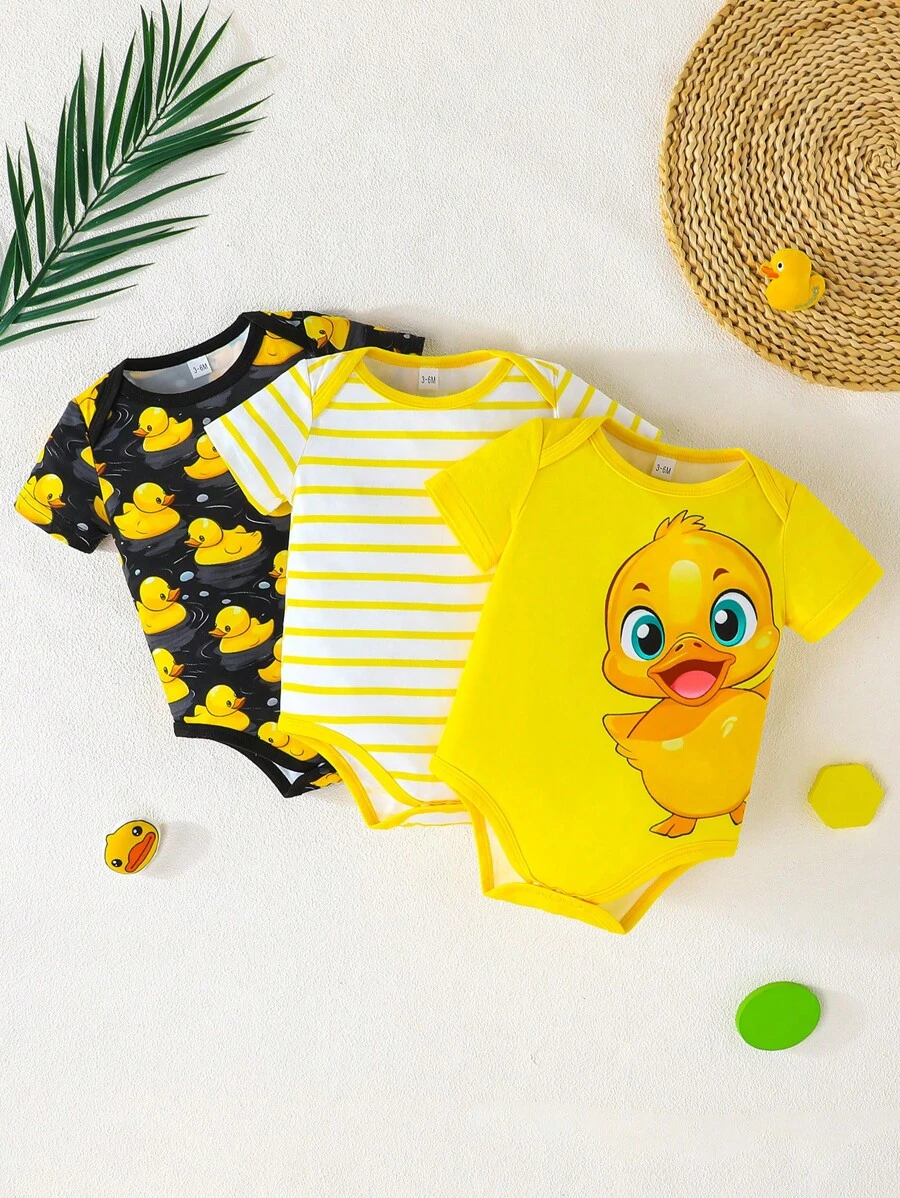 Set de 3 prendas de vestir de verano para bebé niño, con diseño de patitos: monos casuales cómodos y de fácil uso de manga corta