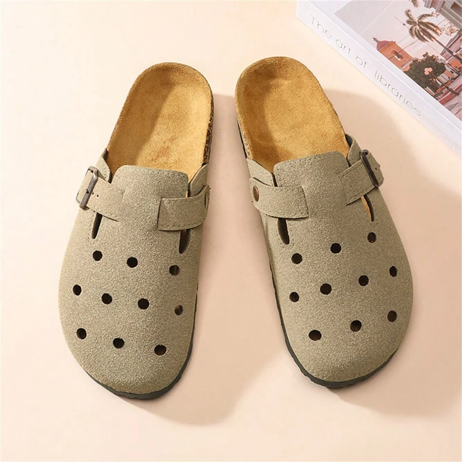 (Conjunto para pareja) Sandalias clásicas de punta cerrada, pantuflas de playa de para hombre, zapatos mullidos tipo mula de suela blanda con cierre deslizante