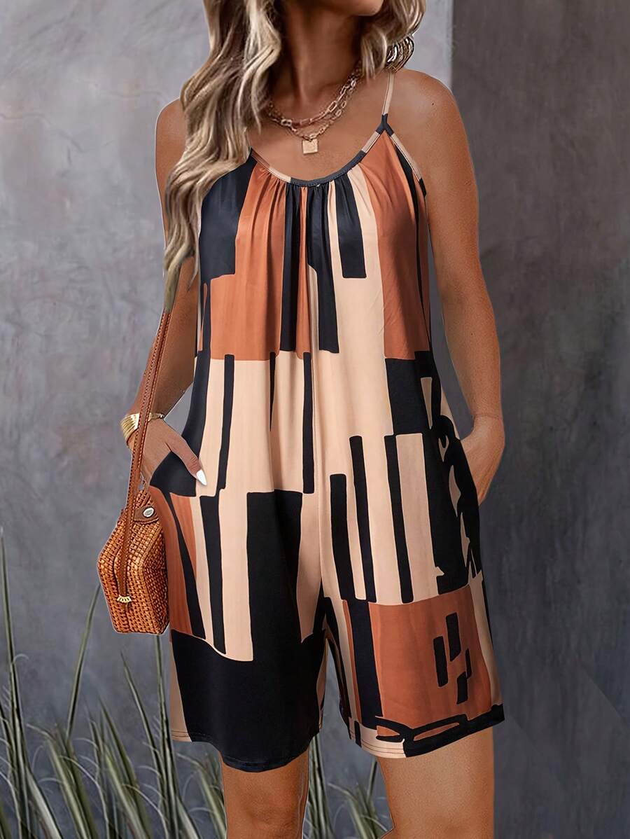 Summer Outfits For Women,New Geometric Pattern Summer Sleeveless Jumpsuit For Vacation Outfits Women,Daily Jumpsuit For Women