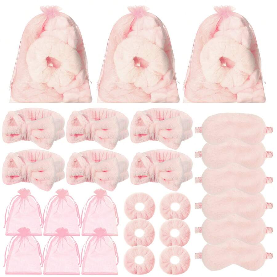 24 Stück Spa Übernachtungsparty Zubehör - 6 rosa Spa Stirnbänder, 6 rosa Plüsch-Schlafmasken, 6 rosa Samt-Haarbänder, 6 Organza Schlafanzug Party Tüten, Spa Party Geschenke