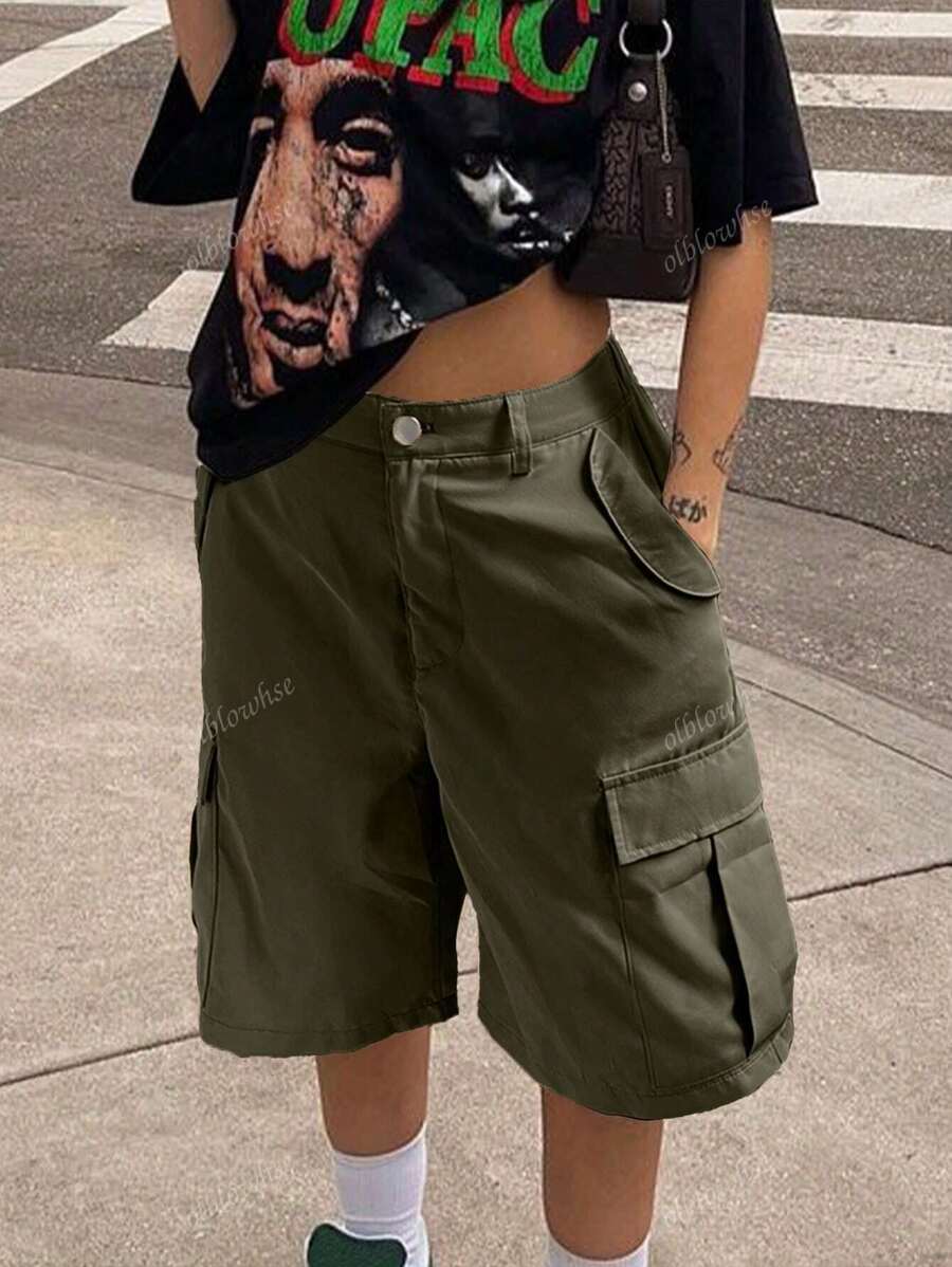 Y2K Street Elastic Drop Wasit Flap Pocket Szerokie nogawki Luźne szorty typu bermudy Chic Casual Długość do kolan Cargo