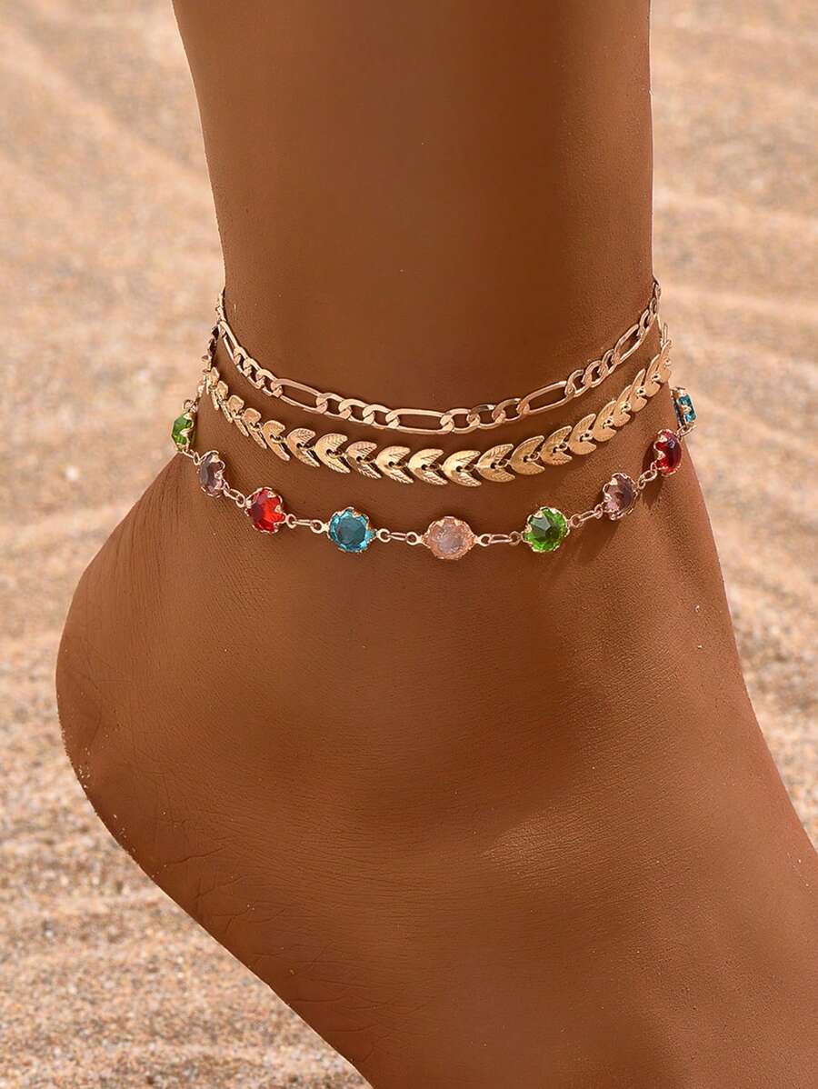 3pcs/Set Fashion Multi-Layer Gold Anklet, Charming Women Beach Party Sparkling Colorful Crystal Anklet, Suitable For Daily Gathering, Beach Vacation, Handmade Adjustable Length, Random Color Arrangement Of Colorful Glass Crystal