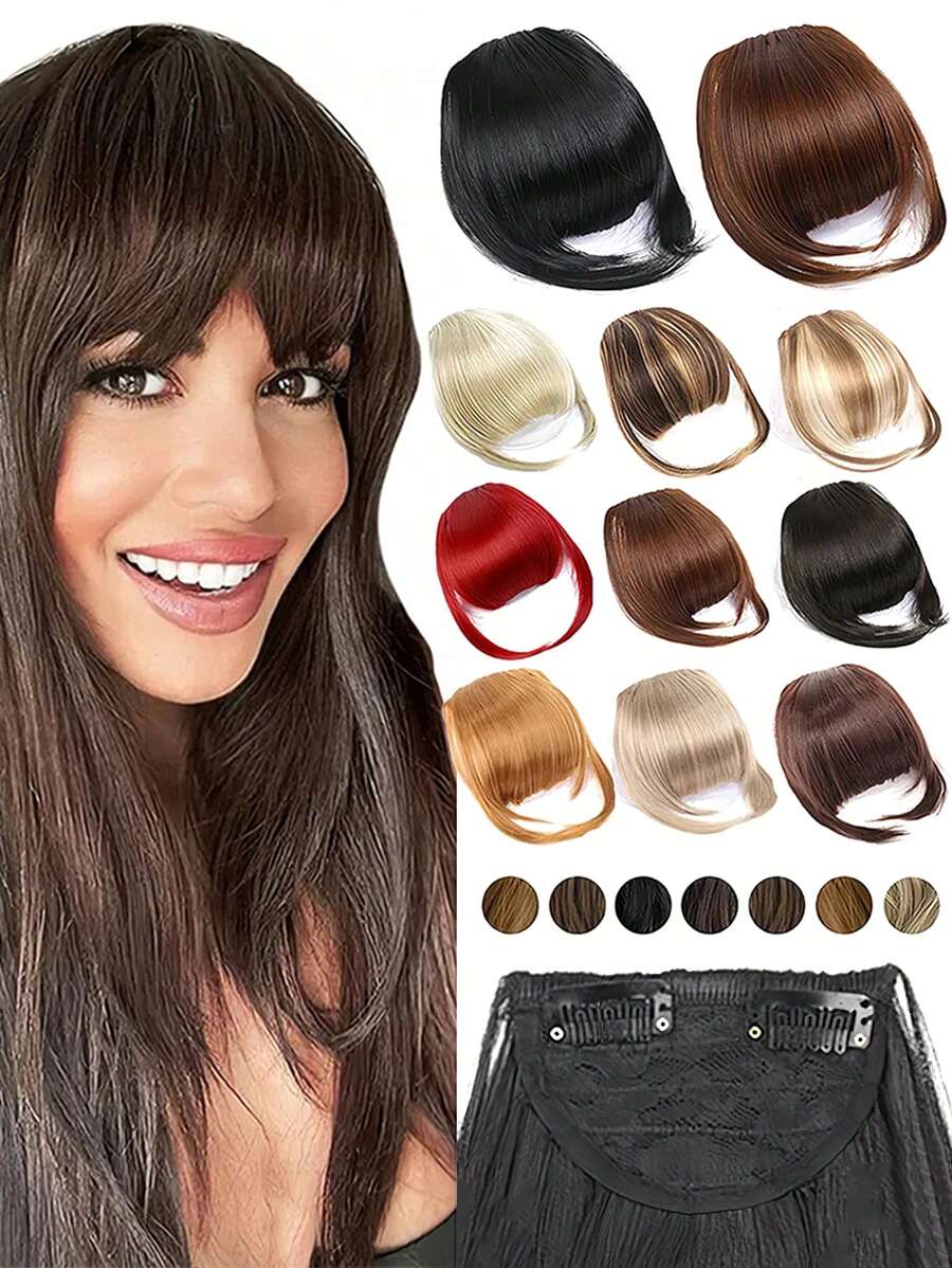 Natural Straight Synthetic Bangs High Temperature Fiber Clip-In Full Bangs With Fringe Of Hair 6 Inch Elegant Women's Clip-In Synthetic Hair Bangs With Sideburns - Perfect For Daily Use & Instant Style Upgrade Synthetic Women's Hair Short Straight Bangs Brown Black Red Wig Clip In Hairpieces For Black Heat Resistant Fiber
