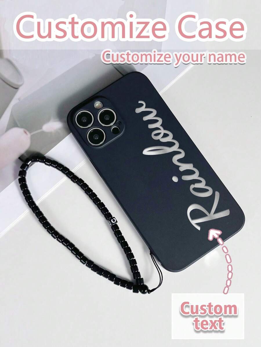 1pc Black TPU Customized Text/Letter Anti-Drop Phone Case And 1pc Black Beaded Phone Lanyard, Compatible With Iphone Case/Matching Phone Case/Interesting Phone Case/Galaxy Phone Case/Redmi Phone Case/Matching Phone Case Compatible With Iphone 15 PRO MAX Phone Case/IPhone 14 Pro Max Case/Galaxy A05 Case/Galaxy A54 5G Case/Galaxy A52/A52s 5G Case/Galaxy S21 FE 5G Case/Galaxy S23 Ultra Case/Galaxy S24 Ultra 5G Case/ Poco X5 Pro Case