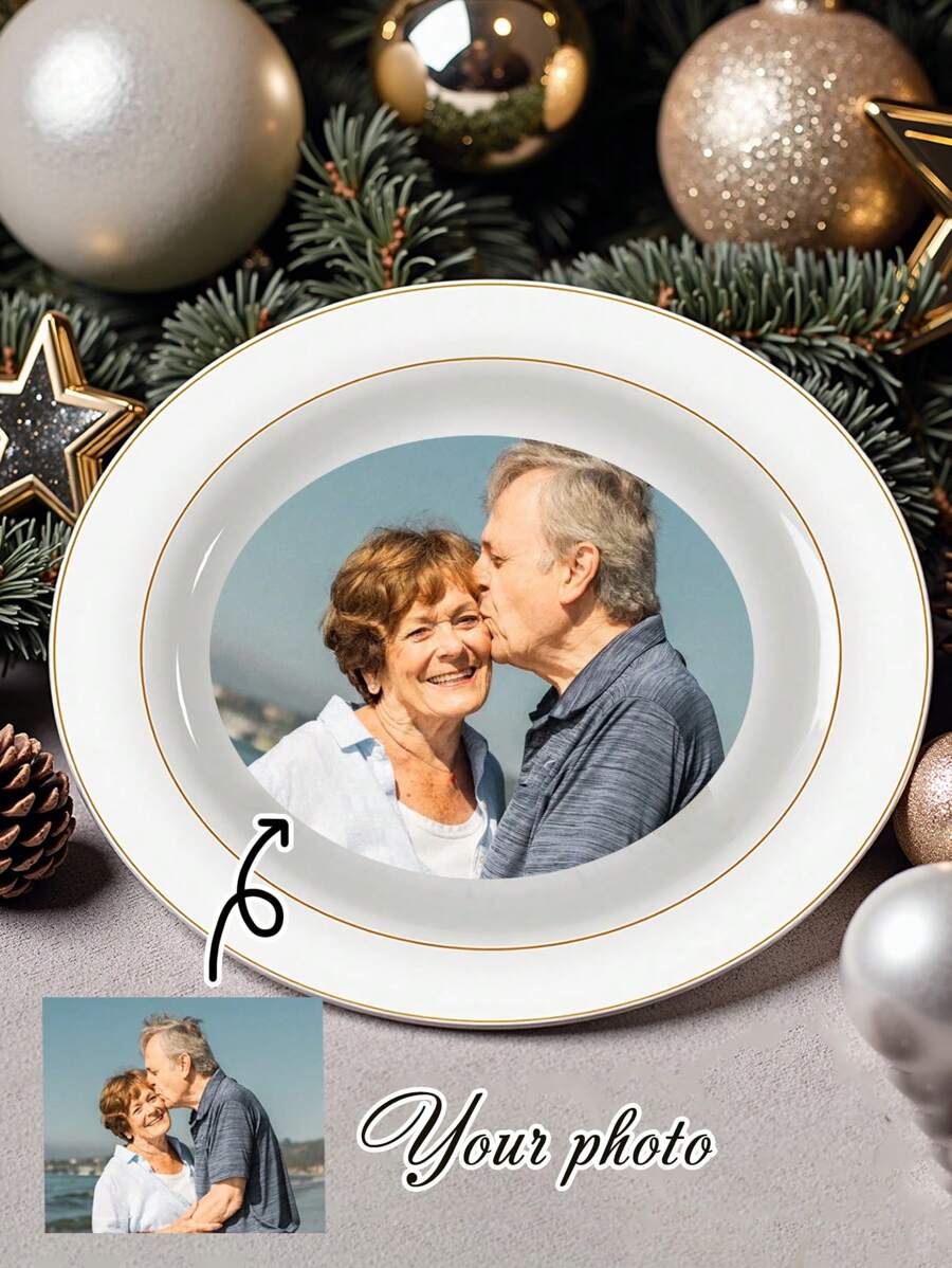1pc Customizable Photo Portrait Ceramic Plate, Suitable For Home, Restaurant, Party, Ball, Father's Day Gift, Mother's Day Gift, Gift For Friends, Boyfriend/Girlfriend, Family, Teachers, Coworkers, Can Be Used To Serve Cakes, Desserts, Cookies And Pasta Gifts Birthday Graduation
