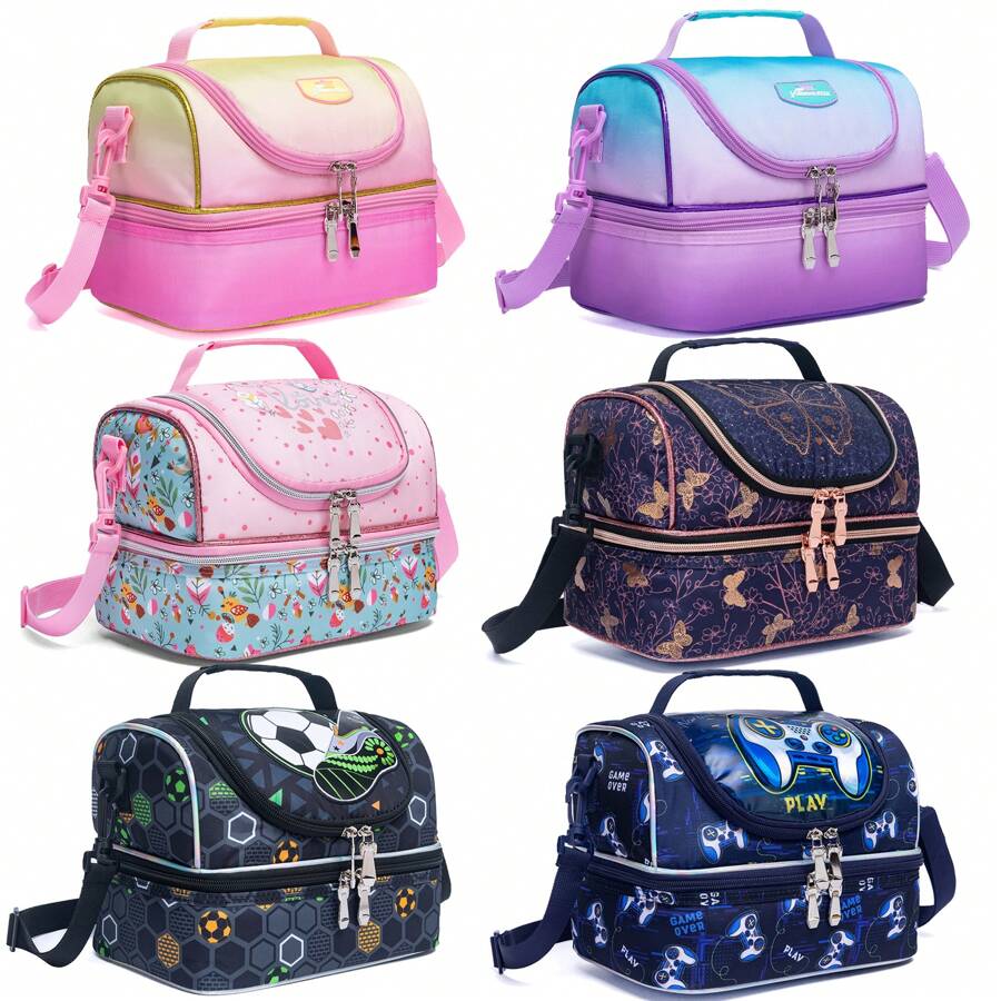 1 pieza Bolsa de almuerzo para niños y niñas con doble capa, cierre de cremallera y correas ajustables para el hombro para la escuela primaria