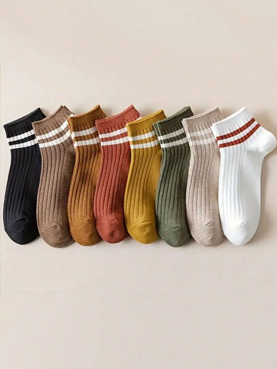 8 Pairs Women Maillard Color Sporty Ankle Socks, Striped Socks, Comfortable Breathable High-Quality Socks Suitable For Daily Exercise, Casual Wear, College Style, Girly Style, All Seasons, Fit For Various Shoes