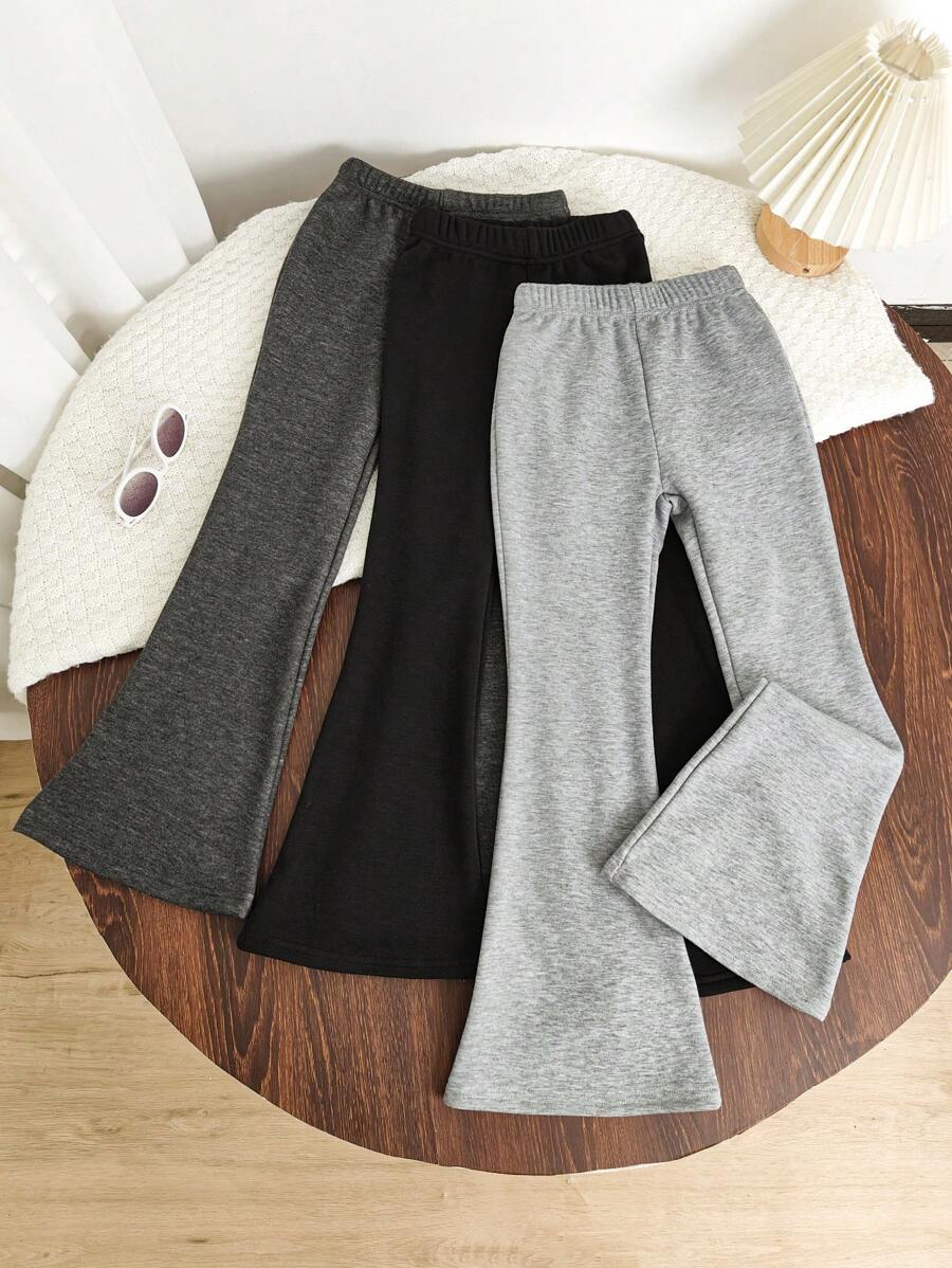 Chatreadl Tween Girl 3-Piece Trousers Casual Elegant Solid Color Soft Non-Falling Velvet Flared Pants Suitable For Autumn And Winter