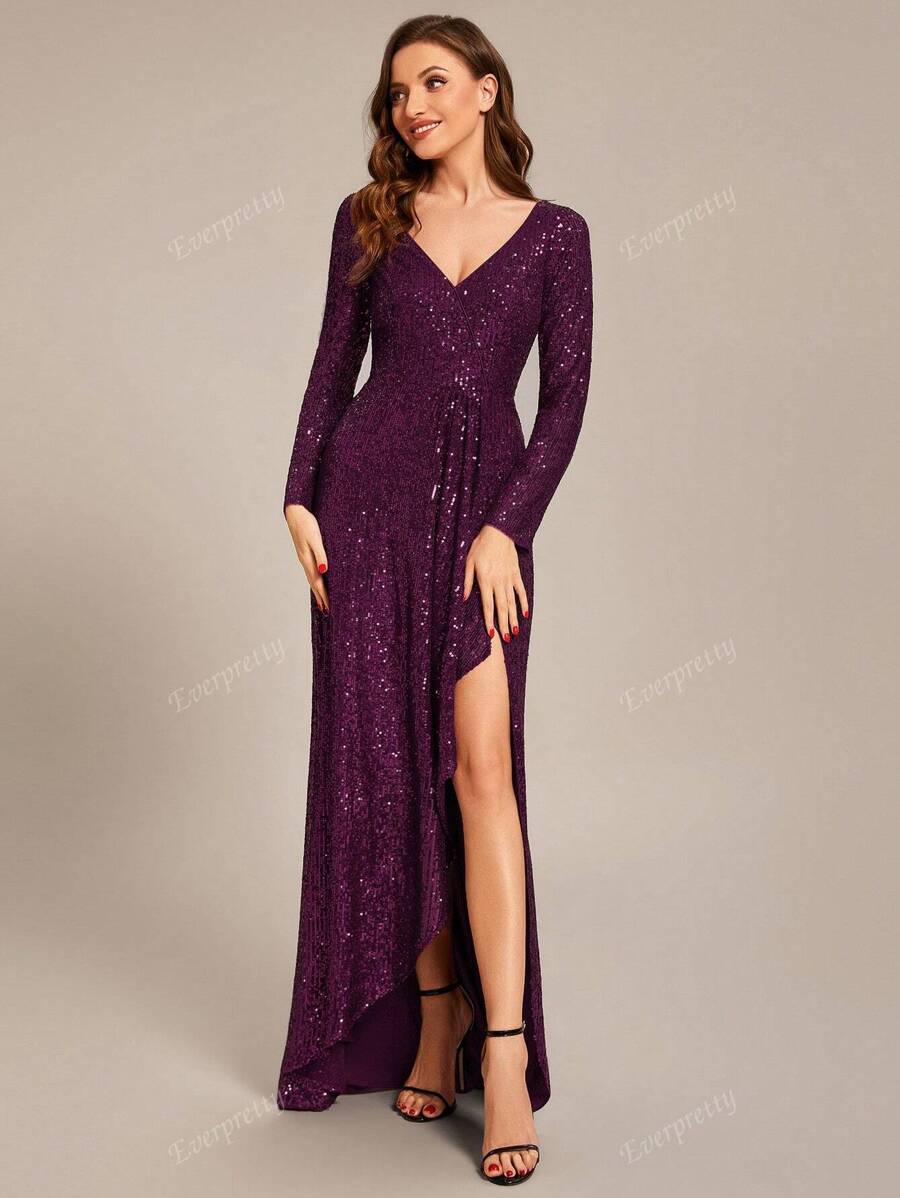 EVERPRETTY Elegant Sequin High Slit Maxi Evening Gown, Formal, Party Dress, For Wedding Guest