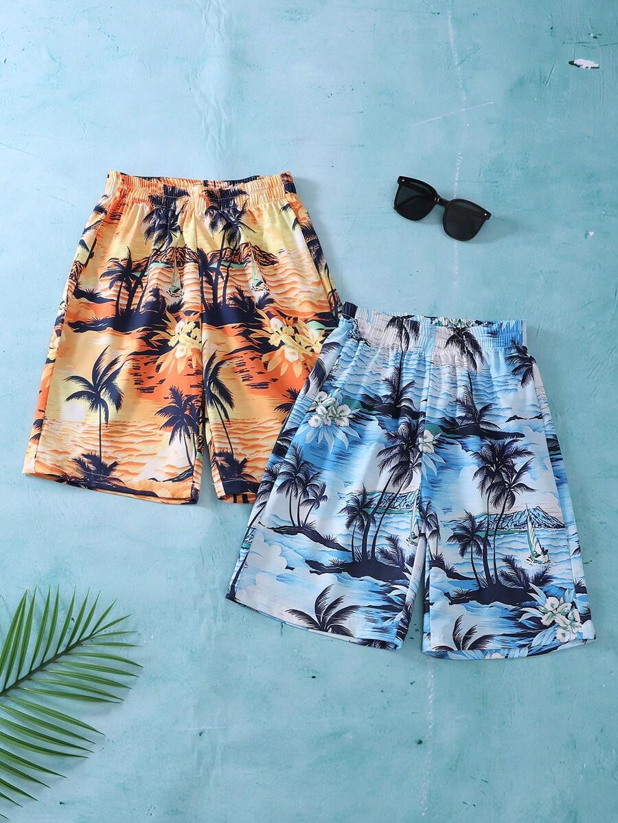 2 pièces/set Short décontracté ample avec imprimé palmier pour garçons plus âgés, style vacances d'été