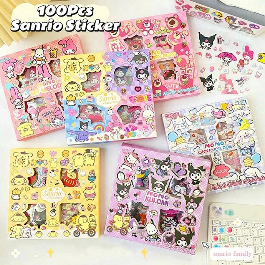 Sanrio 1pc Hello Kitty Sanrio Non-Repeating 100-Piece Sticker Set Cinnamoroll Kuromi Waterproof Stationery Sticker Gift Box Birthday Gift