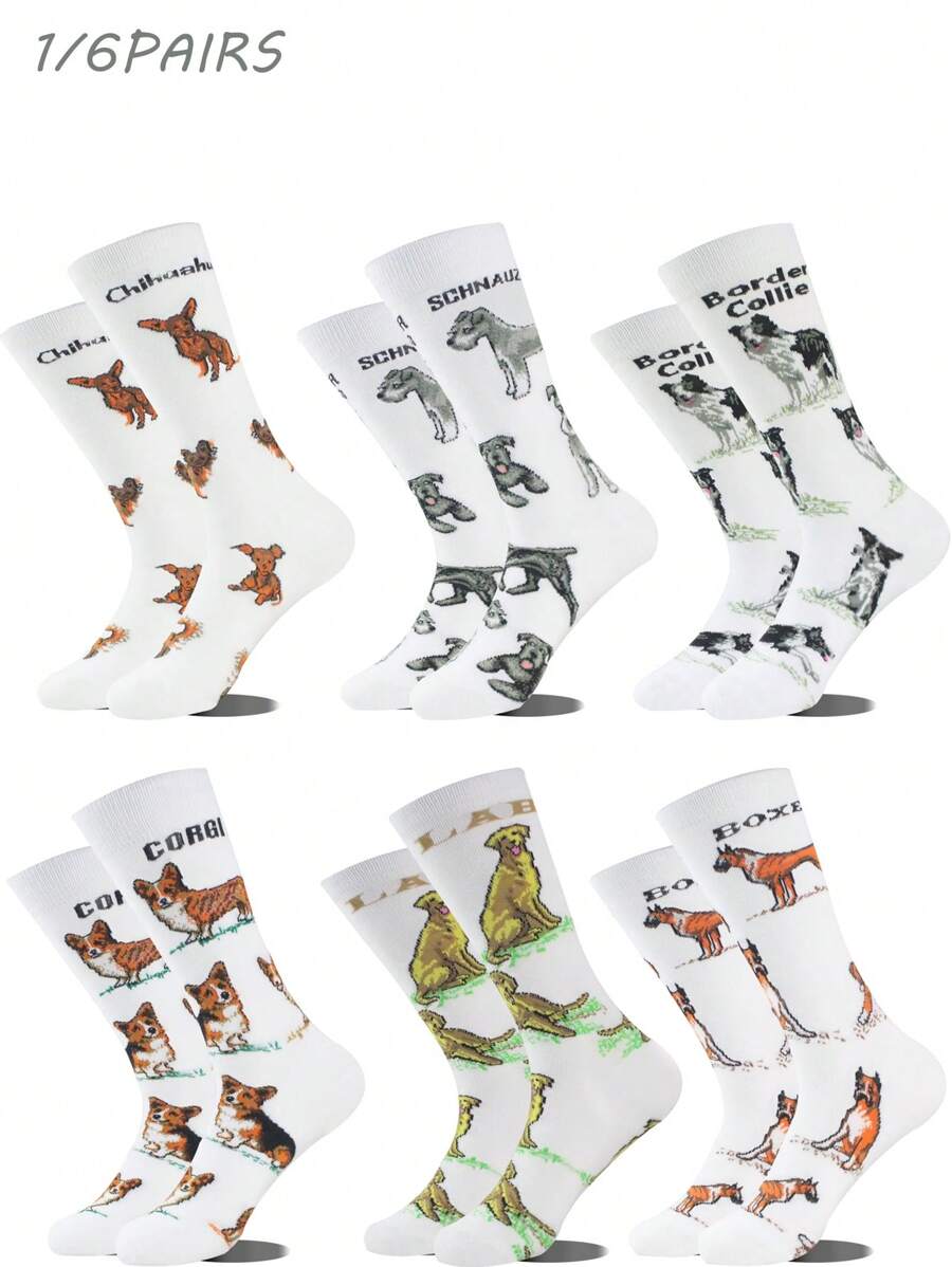 1/6 Pairs Of Men's Black And White, New Pet Animal Dog Socks Fashion Unisexes Stockings, Comfortable And Breathable, Deodorant And Sweat Absorption, Suitable For Men Outdoor Sports, Eye-Catching Fashion Socks On The Street