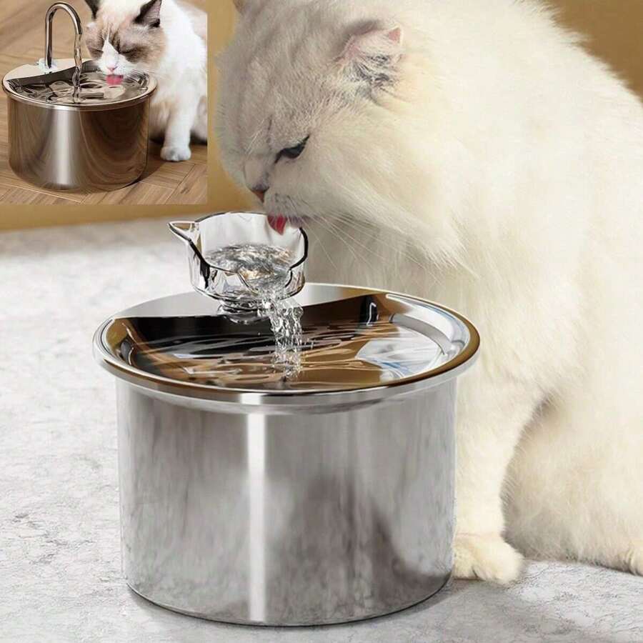 1pc 2L Cat Head Fountain-Style Stainless Steel Pet Automatic Filter Water Dispenser, Ultra-Quiet Water Pump, Suitable For Small And Medium-Sized Cats And Dogs To Drink Automatically, Replaceable Filter Cartridge Available For Purchase