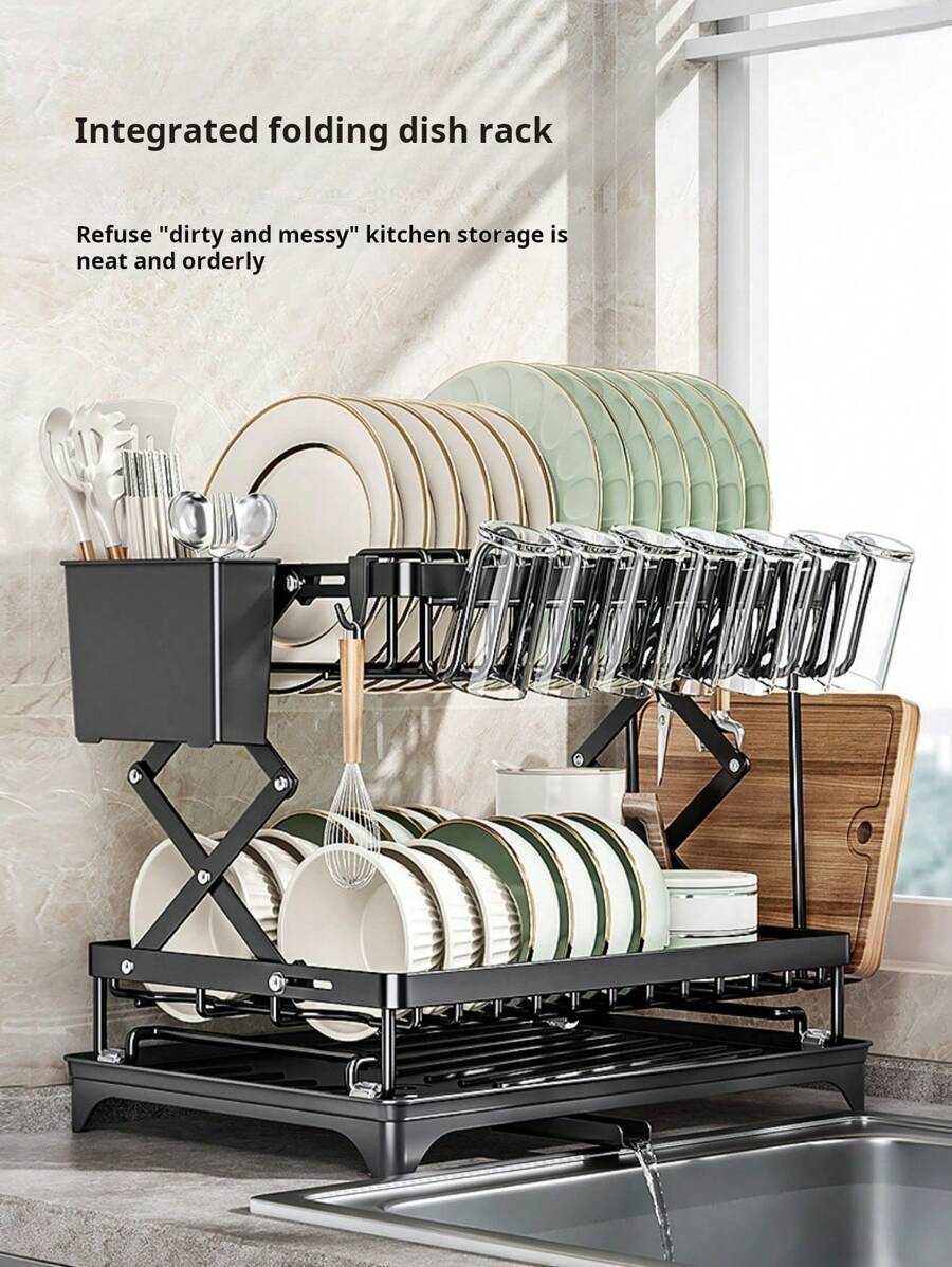 1 Kitchen Collapsible Dish Rack, Countertop Multi-Layer Dish Utensil Cup Drainer Rack, Dish Drying Rack For Kitchen Countertop, Double Layer Large Capacity Dish Drying Rack With Steel Drainer Plate, Dish Drying Rack With Drainer Shelf For Dish, Knives, Cups, Cutting Boards, Kitchen Supplies